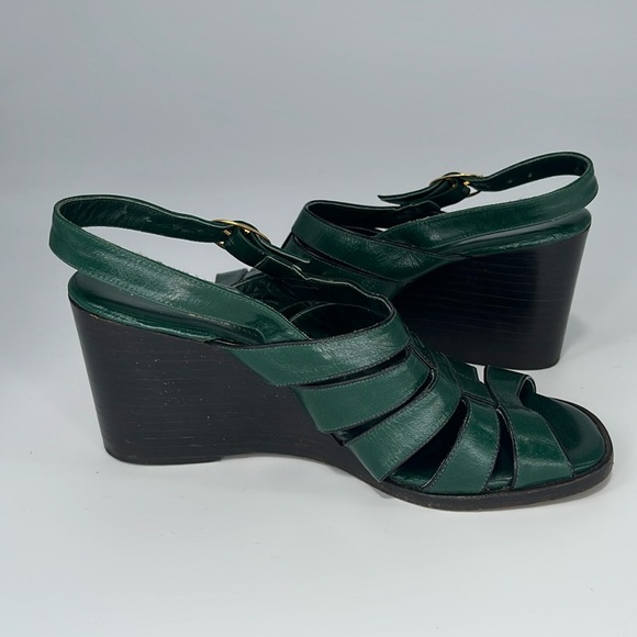 Vintage 70s Rodan Stacked Wedge Sandals in Green Leather Size 5 1/2 - Picture 8 of 13